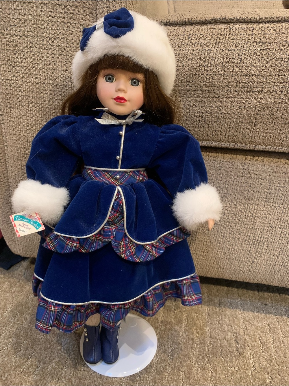 Porcelain Doll in Royal Blue Velvet Dress and White Fur Trim